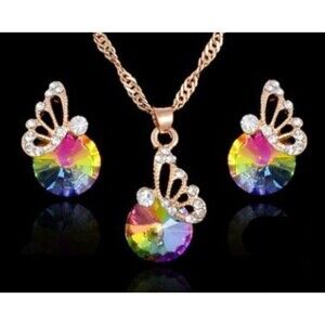 Gold Butterfly Multicolor Stones Necklace Earrings Jewelry Set